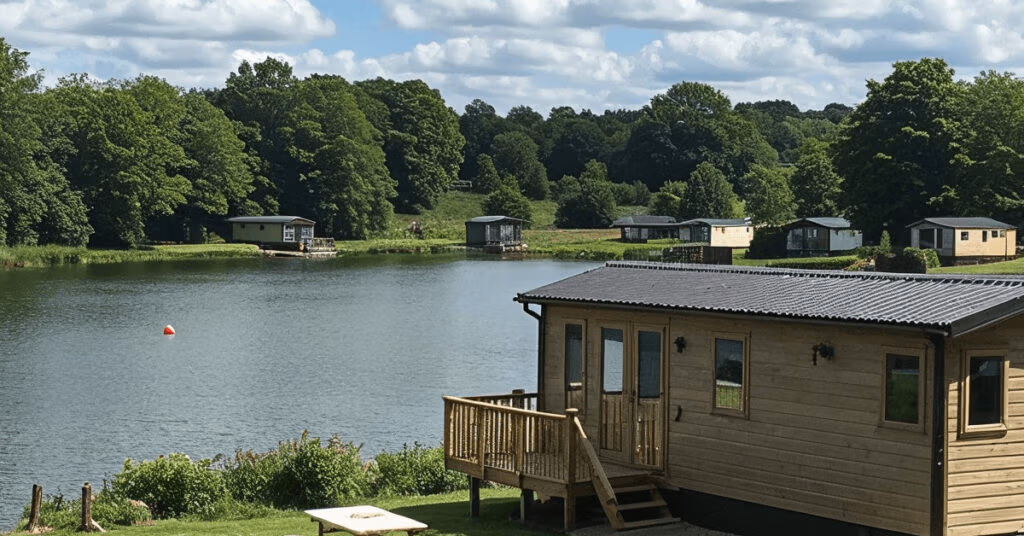 Image of a holiday lodge overlooking a lake to visualise holiday lodge investment UK.